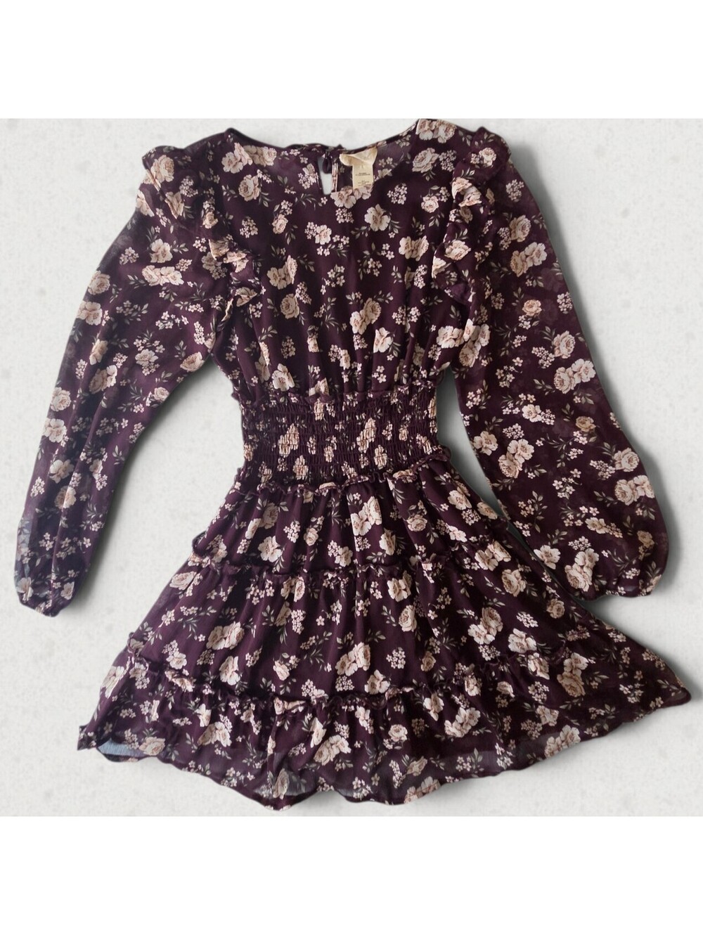 Altar'd State Floral Ruffle Dress Burgundy Plum Chiffon Med